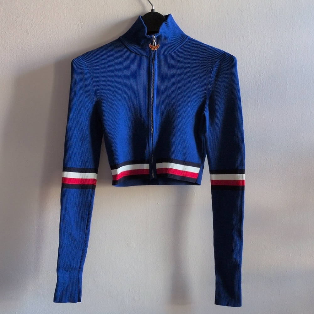 Tommy Hilfiger Blue Cropped Zip-Up Sweater with Striped Sleeves